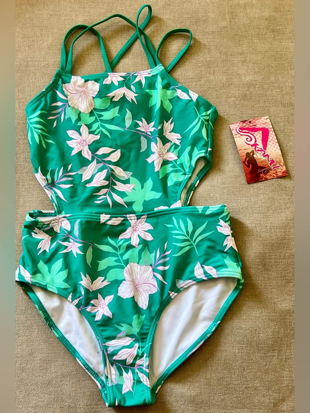 Kanu Surf Green Floral Kids One-Piece Swimsuit with High-Waist Bottom